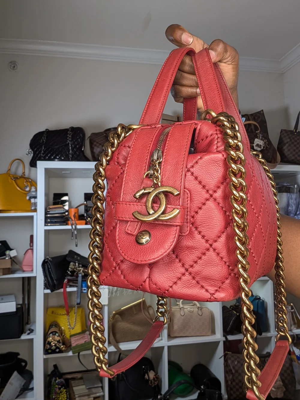 Chanel CC 2 way top handle Quilted Red Shoulder Handbag with bronze Chain